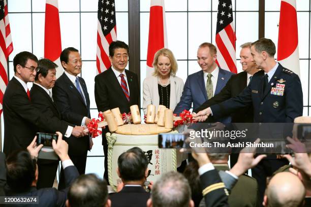 Japanese Defense Minister Taro Kono, Foreign Minister Toshimitsu Motegi, Vice Prime Minister Taro Aso, Prime Minister Shinzo Abe, Mary Eisenhower,...