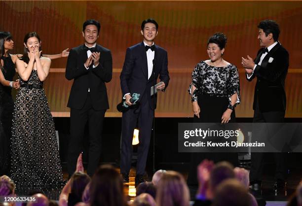 So-dam Park, Sun-kyun Lee, Woo-sik Choi, Jeong-eun Lee, and Kang-ho Song accept Outstanding Performance by a Cast in a Motion Picture for 'Parasite'...