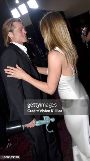 Brad Pitt and Jennifer Aniston attend the 26th Annual Screen Actors Guild Awards at The Shrine Auditorium on January 19, 2020 in Los Angeles,...