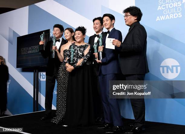 Song Kang Ho, So-dam Park, Jeong-eun Lee, Sun-kyun Lee, Woo-sik Choi, and Bong Joon-ho, winners of Outstanding Performance by a Cast in a Motion...