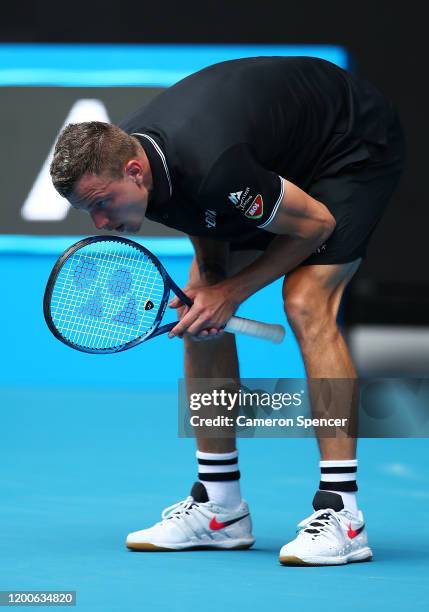 Marton Fucsovics of Hungary reacts after match point in his Men's Singles first round match against Denis Shapovalov of Canada on day one of the 2020...