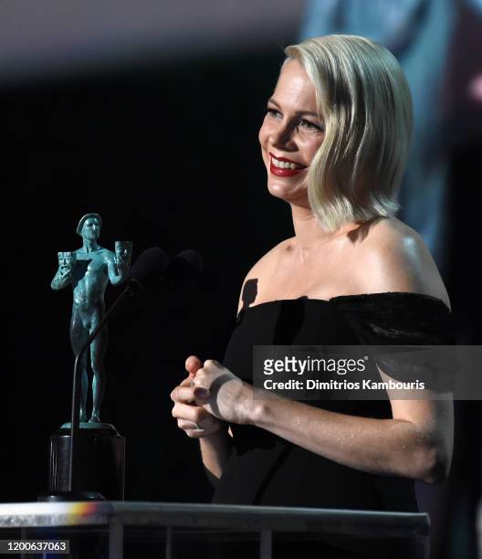 Michelle Williams accepts the Outstanding Performance by a Female Actor in a Television Movie or Miniseries award for 'Fosse/Verdon' onstage during...