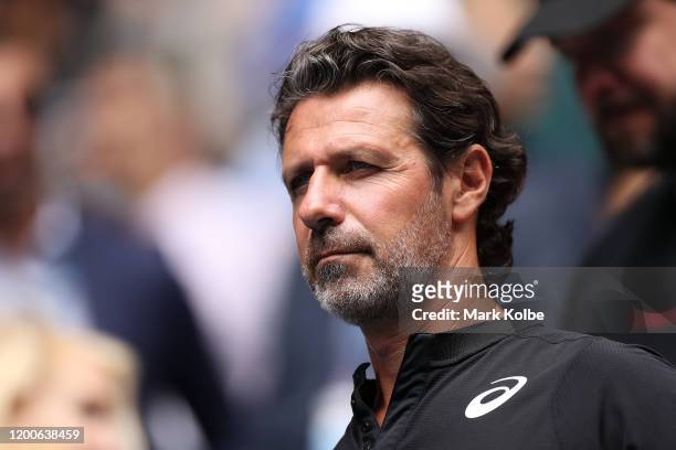 Patrick Mouratoglou, coach of Serena Williams of the United States looks on following her Women's Singles first round match against Anastasia...