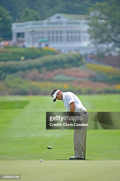Trevor Immelman of South Africa putts for birdie on the first hole during the second round of The Greenbrier Classic at The Old White TPC on July 29,...