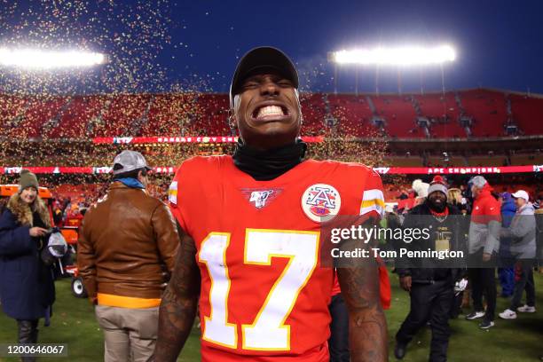 Mecole Hardman of the Kansas City Chiefs celebrates after defeating the Tennessee Titans in the AFC Championship Game at Arrowhead Stadium on January...