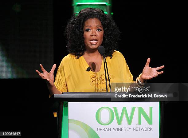 Oprah Winfrey speaks during the 'The Rosie Show' panel during the OWN portion of the 2011 Summer TCA Tour held at the Beverly Hilton Hotel on July...