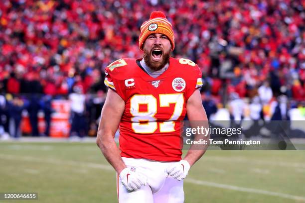 Travis Kelce of the Kansas City Chiefs reacts late in the game against the Tennessee Titans in the AFC Championship Game at Arrowhead Stadium on...