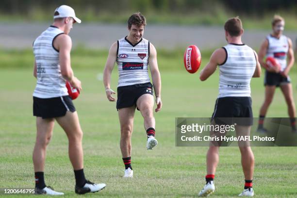 Zach Merrett kicks during Essendon Bombers Pre-Season Training Session at Coffs Coast Sport and Leisure Park on January 20, 2020 in Coffs Harbour,...