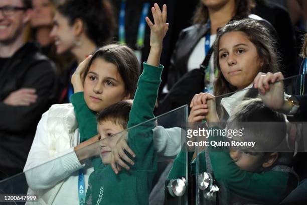 The children of Roger Federer of Switzerland, Charlene, Myla, Lenny and Leo are seen during the Men's Singles first round match between Roger Federer...