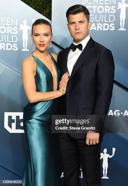 Scarlett Johansson and Colin Jost arrives at the 26th Annual Screen Actors Guild Awards at The Shrine Auditorium on January 19, 2020 in Los Angeles,...