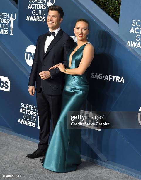 Scarlett Johansson and Colin Jost arrives at the 26th Annual Screen Actors Guild Awards at The Shrine Auditorium on January 19, 2020 in Los Angeles,...