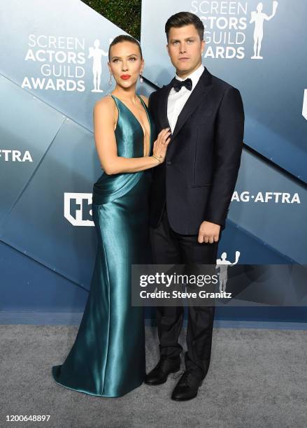 Scarlett Johansson and Colin Jost arrives at the 26th Annual Screen Actors Guild Awards at The Shrine Auditorium on January 19, 2020 in Los Angeles,...