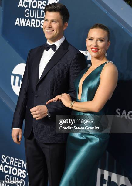 Scarlett Johansson and Colin Jost arrives at the 26th Annual Screen Actors Guild Awards at The Shrine Auditorium on January 19, 2020 in Los Angeles,...