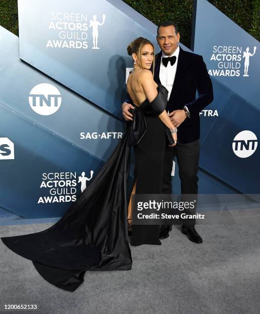 Jennifer Lopez and Alex Rodriguez arrives at the 26th Annual Screen Actors Guild Awards at The Shrine Auditorium on January 19, 2020 in Los Angeles,...
