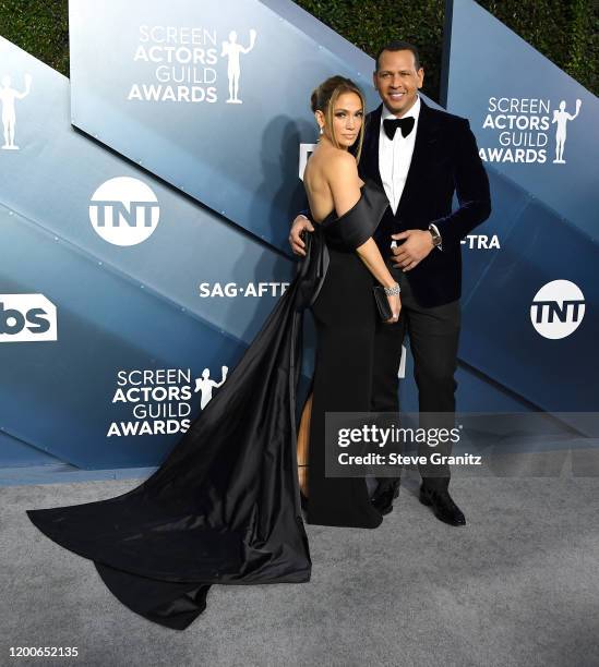 Jennifer Lopez and Alex Rodriguez arrives at the 26th Annual Screen Actors Guild Awards at The Shrine Auditorium on January 19, 2020 in Los Angeles,...