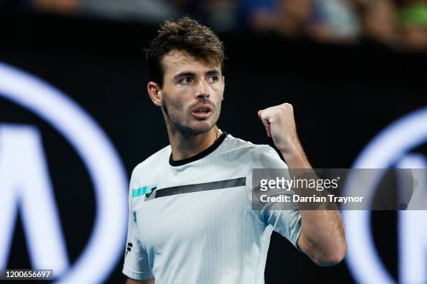 Juan Ignacio Londero of Argentina celebrates a point during his Men's Singles first round match against Grigor Dimitrov of Bulgaria on day one of the...