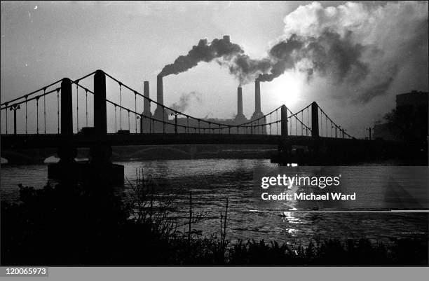 Smoke from Battersea Power Station viewed over Chelsea Bridge, London, 1970.