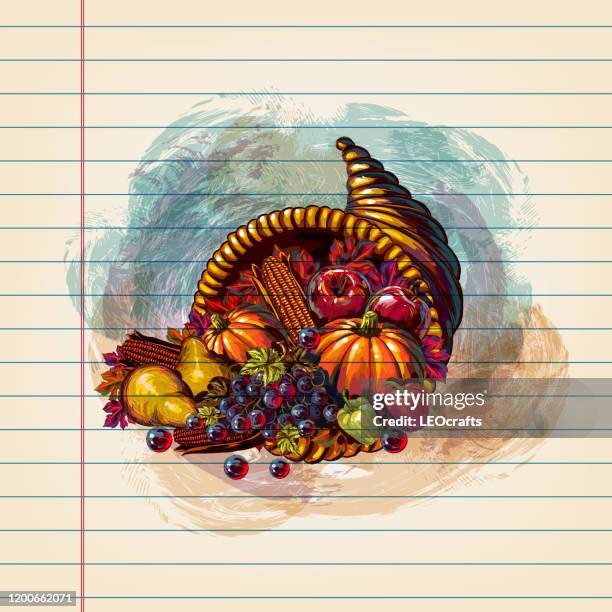 cornucopia drawing on ruled paper - cornucopia vector stock illustrations