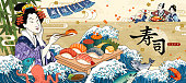 Ukiyo-e style sushi bar ads