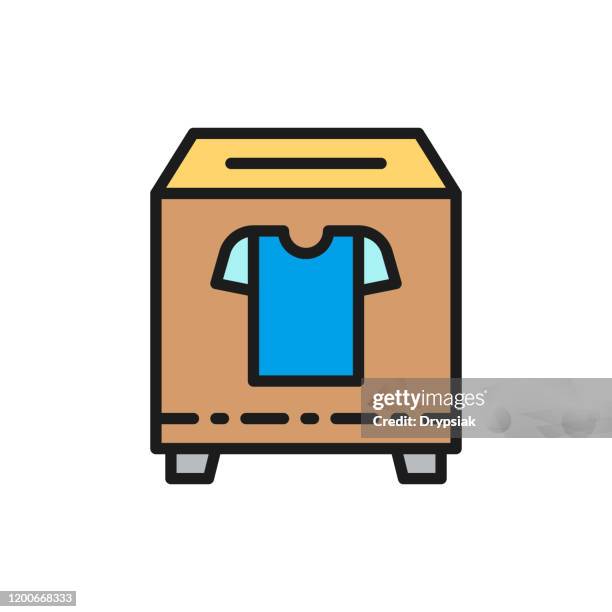 Clothing donation box, charity, volunteering flat color line icon.