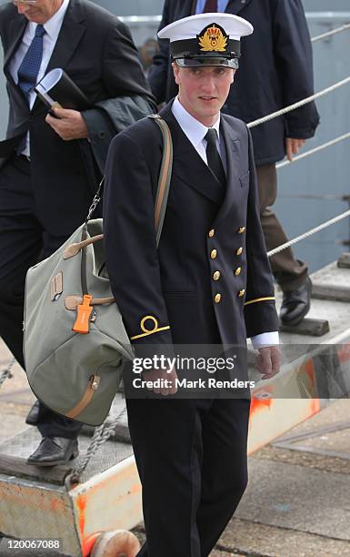 Prince Joachim of Belgium leaves the ship GODETIA on his Promotion Day to the rank of Officer of the Belgian Navy on July 29, 2011 in Brugge, Belgium.