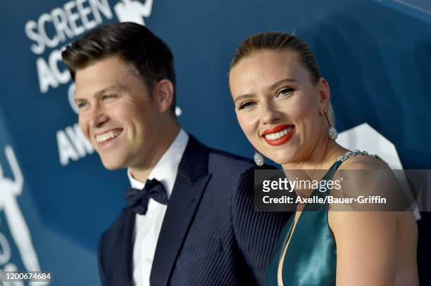 Colin Jost and Scarlett Johansson attend the 26th Annual Screen Actors Guild Awards at The Shrine Auditorium on January 19, 2020 in Los Angeles,...
