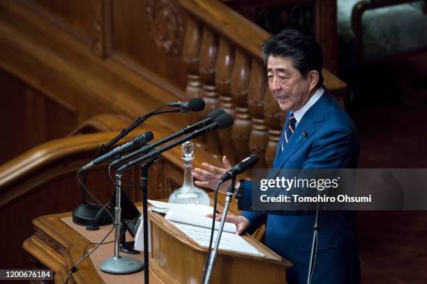 Japan's Prime Minister Shinzo Abe delivers his policy speech at the lower house of the parliament on January 20, 2020 in Tokyo, Japan. The Japanese...