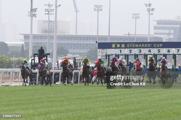 January 19 : Jockeys compete the Race 1 Helene Paragon Handicap at Sha Tin Racecourse on January 19 , 2020 in Hong Kong.