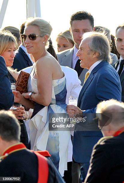 Queen Elizabeth II's eldest granddaughter Zara Phillips takes part in a pre-wedding drinks party on board the Royal Yacht Britannia in Edinburgh on...