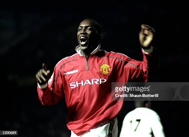 Dwight Yorke of Manchester United celebrates his goal in an FA Carling Premiership match against West Ham played at Old Trafford in Manchester,...