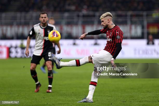 Samu Castillejo of Ac Milan in action during the Coppa Italia semi-final first leg match between Ac Milan and Juventus Fc. The match end in a tie 1-1.
