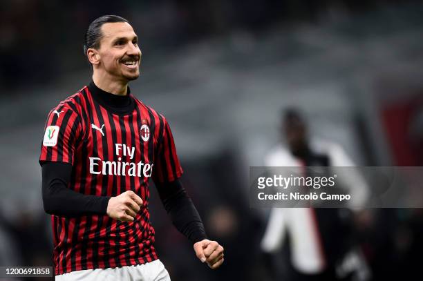 Zlatan Ibrahimovic of AC Milan celebrates during the Coppa Italia semi final football match between AC Milan and Juventus FC. The match ended in a...
