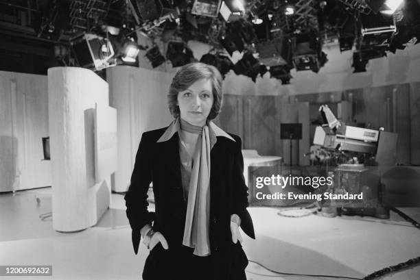 British broadcaster Sue Lawley in the studio of BBC current affairs programme 'Tonight' at Lime Grove Studios in Shepherd's Bush, London, April 1976.