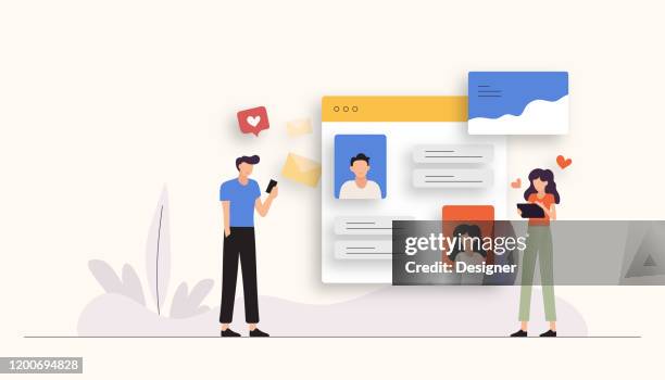 social media related vector illustration. flat modern design - man computer smiling stock illustrations