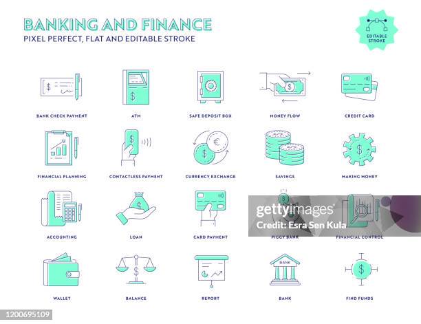 banking and finance flat icon set with editable stroke and pixel perfect. - electronic banking stock illustrations