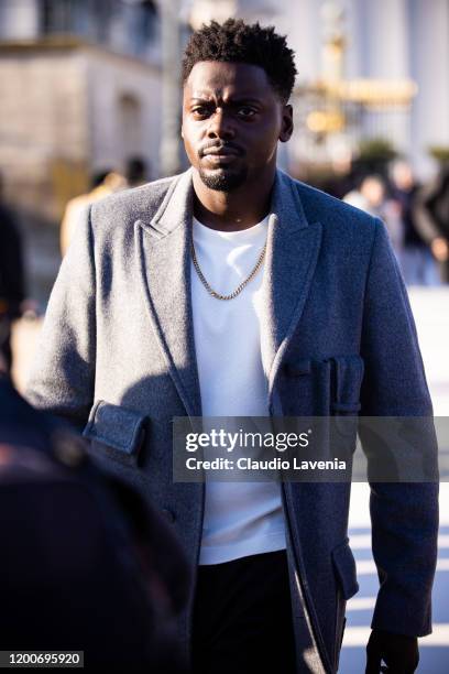 Daniel Kaluuya, wearing a grey coat, is seen outside the Louis Vuitton show during the Paris Fashion Week - Menswear F/W 2020-2021 on January 16,...