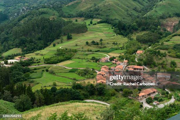 elevated view og the village of carmona from mirador del ribero lookout. - cantabria stock pictures, royalty-free photos & images