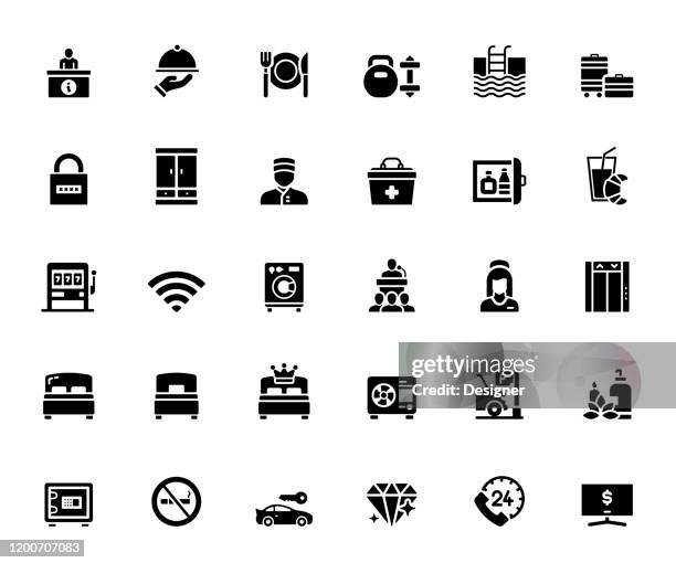 einfache reihe von hotel-dienstleistungen und einrichtungen verwandte vektor-icons. symbol-sammlung. - hotelpage stock-grafiken, -clipart, -cartoons und -symbole