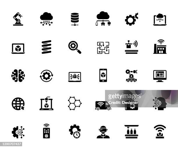 ilustraciones, imágenes clip art, dibujos animados e iconos de stock de conjunto simple de iconos vectoriales relacionados con la industria 4.0. colección de símbolos. - brazo robótico herramientas de fabricación