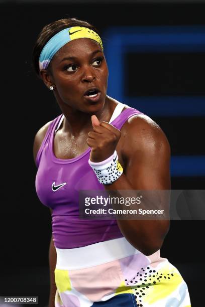 Sloane Stephens of the United States celebrates a point during her Women's Singles first round match against Shuai Zhang of China on day one of the...