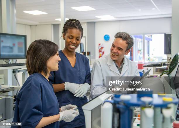 japanese & african female lab technicians talking to male pathologist in argentinian medical laboratory - medical laboratory stock pictures, royalty-free photos & images