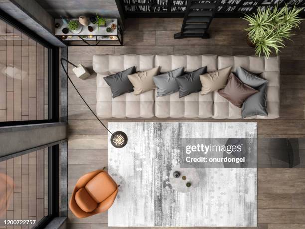 top view of modern living room - beige carpet stock pictures, royalty-free photos & images