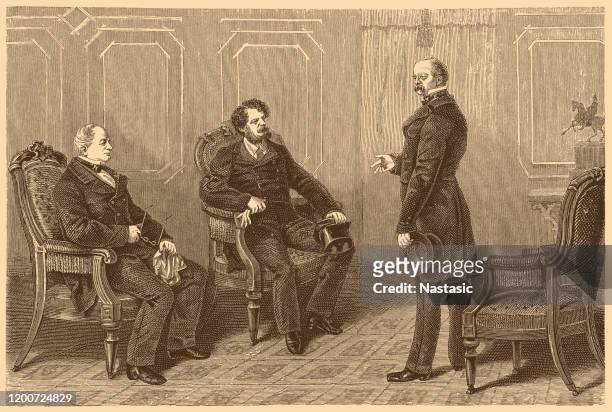 from the days of the three emperors meeting ,conference of ministers bismarck, andrassy, prince alexander gortschakoff - prince alexander of prussia stock illustrations
