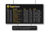 Departure and arrival board, airline scoreboard with digital led letters. Flight information display system in airport. Airport style alphabet with numbers