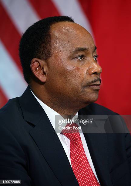 President Mahamadou Issoufou of Niger sits during meeting with U.S. President Barack Obama and other African leaders in the Cabinet Room of the White...