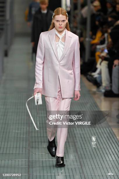 Model walks the runway during the 1017 Alyx 9SM Menswear Fall/Winter 2020-2021 fashion show as part of Paris Fashion Week on January 19, 2020 in...