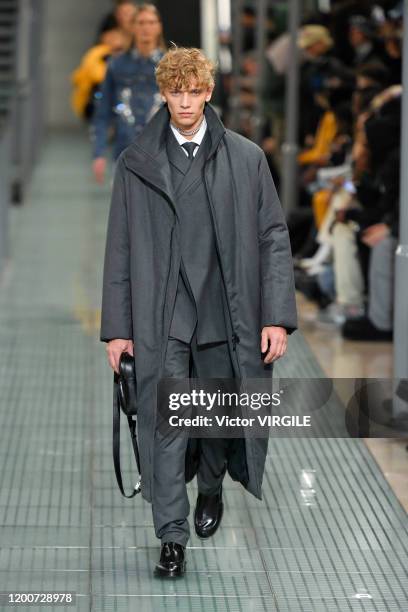 Model walks the runway during the 1017 Alyx 9SM Menswear Fall/Winter 2020-2021 fashion show as part of Paris Fashion Week on January 19, 2020 in...