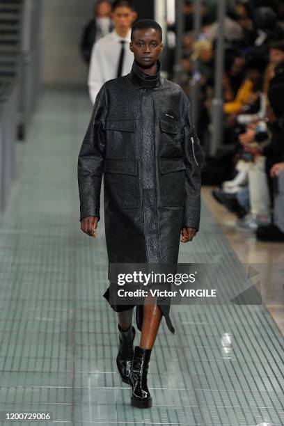 Model walks the runway during the 1017 Alyx 9SM Menswear Fall/Winter 2020-2021 fashion show as part of Paris Fashion Week on January 19, 2020 in...