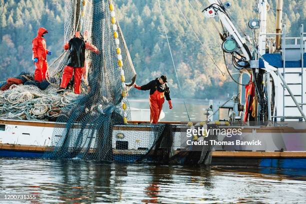 crew of fishing boat hauling in net while fishing for salmon - fishing industry stock-fotos und bilder