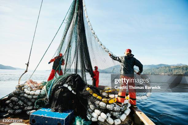 crew members of purse seiner hauling in net while fishing for salmon - fishing boat 個照片及圖片檔